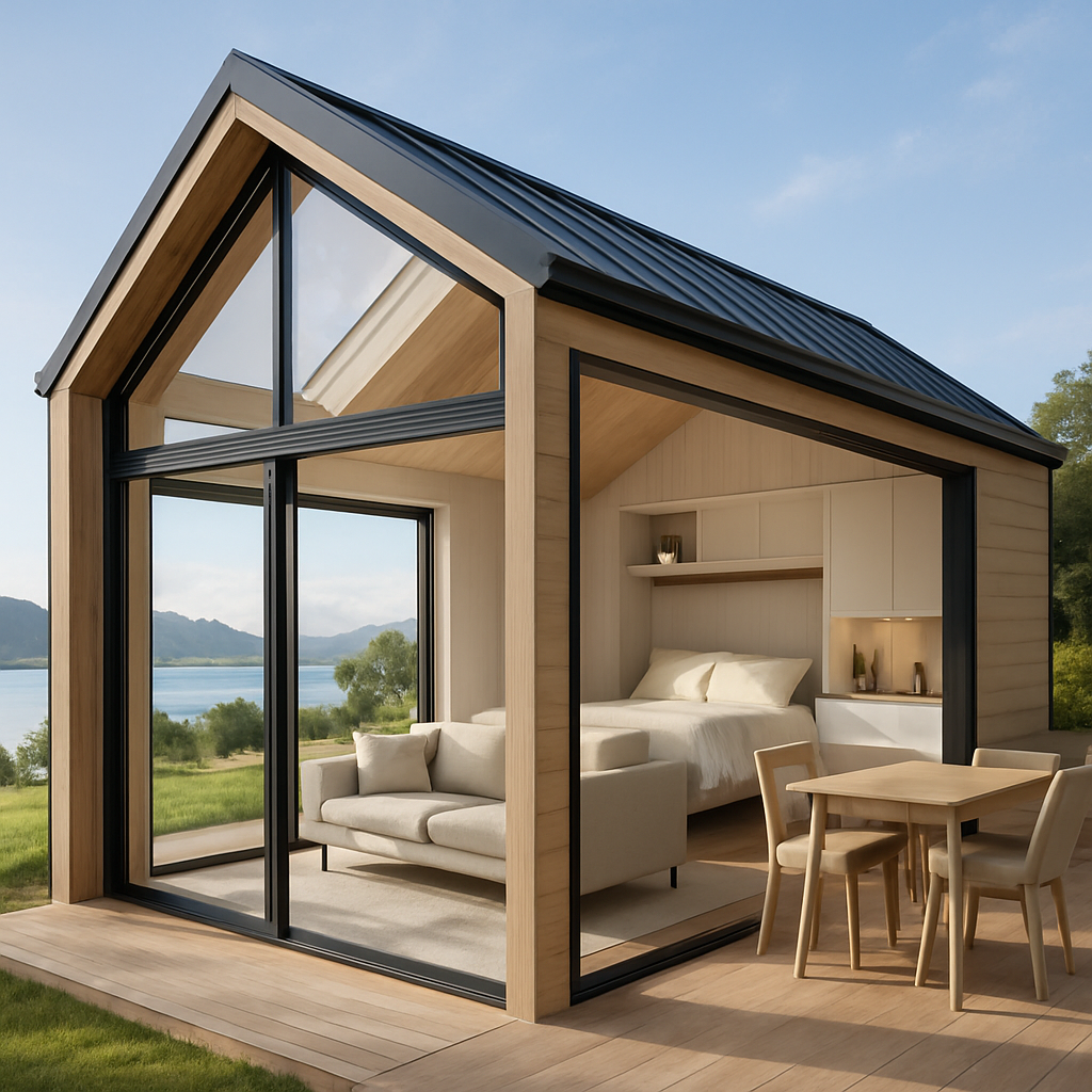 Ein modernes Tiny House mit großen Fenstern und Blick auf eine malerische Landschaft.