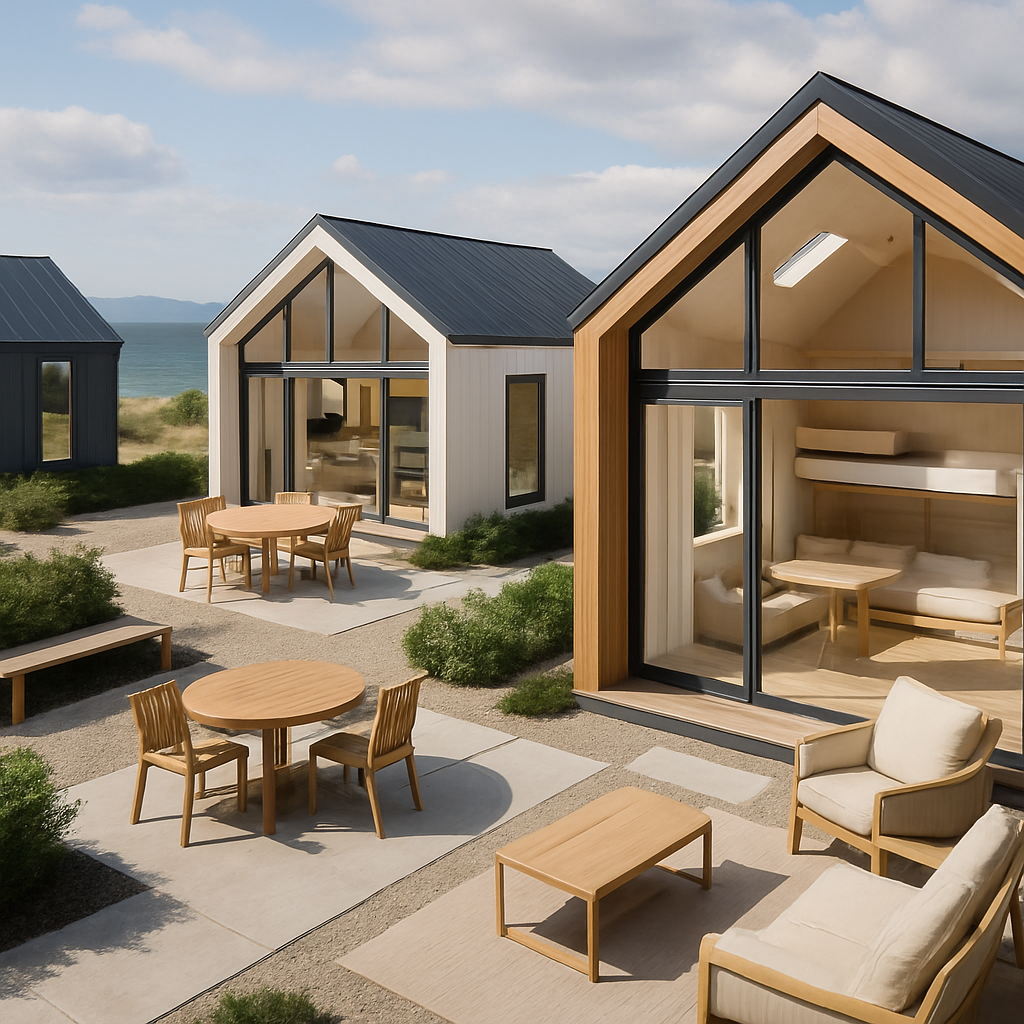 Moderne Tiny Houses mit Gemeinschaftsräumen in einer natürlichen Umgebung