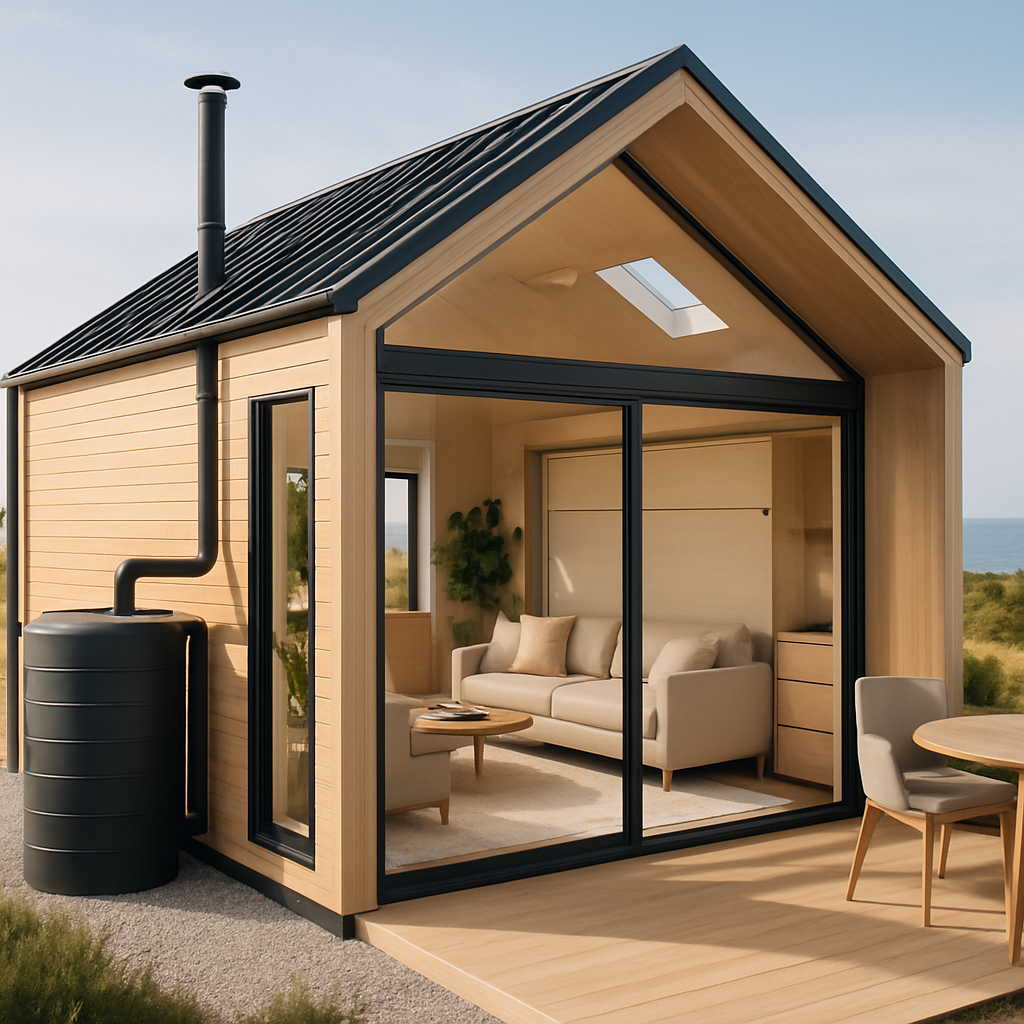 Ein modernes Tiny House mit großen Fenstern und einem Wassertank an der Seite, umgeben von einer grünen Landschaft.