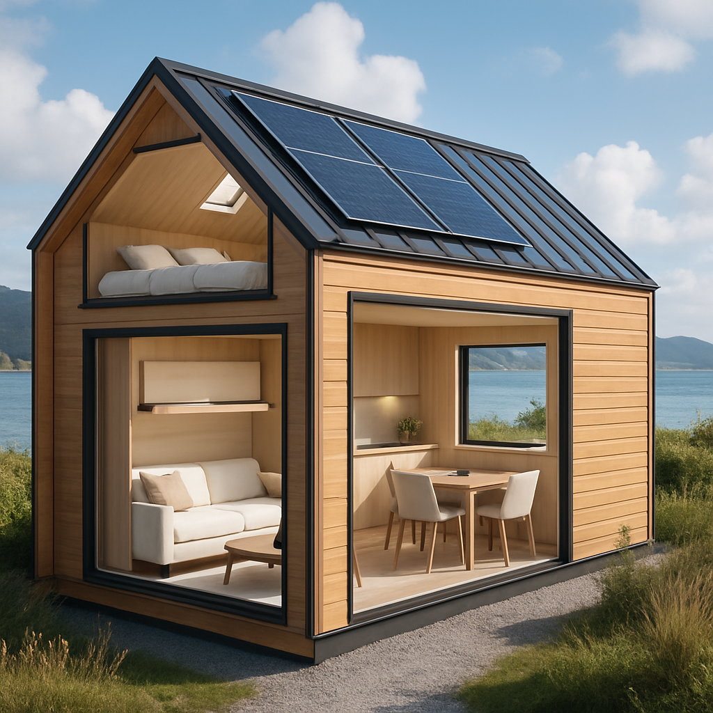 Ein modernes Tiny House mit Solarpanelen auf dem Dach, umgeben von Natur.