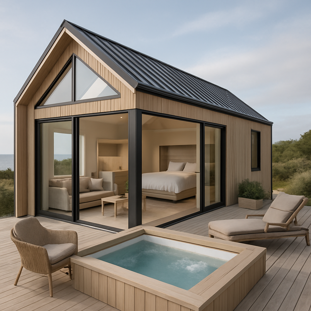 Ein modernes Tiny House mit Wellnessbereich, das einen Whirlpool auf der Terrasse hat.