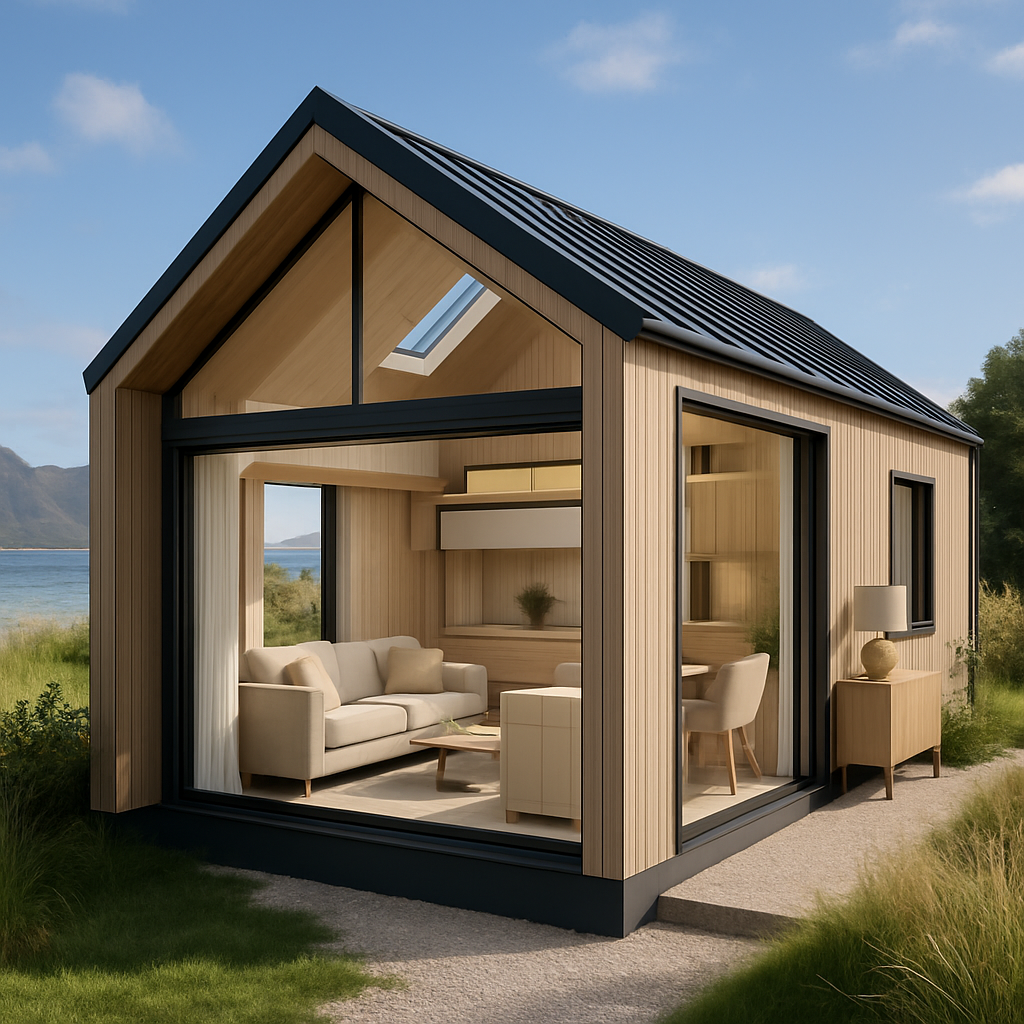Ein modernes Tiny House mit großen Fenstern in einer natürlichen Umgebung.