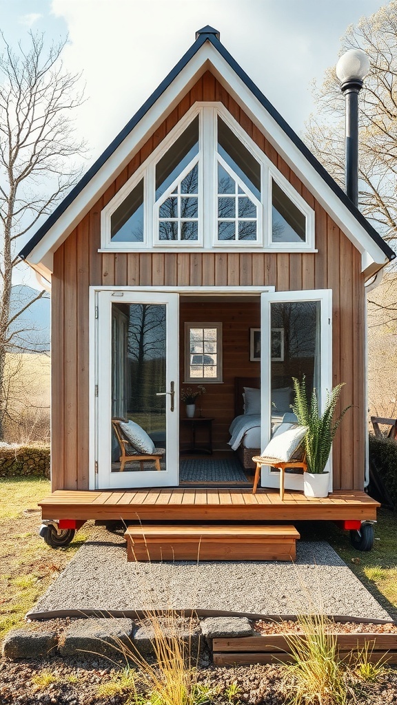 Ein gemütliches Tiny House mit großen Fenstern und einer einladenden Terrasse, umgeben von Natur.