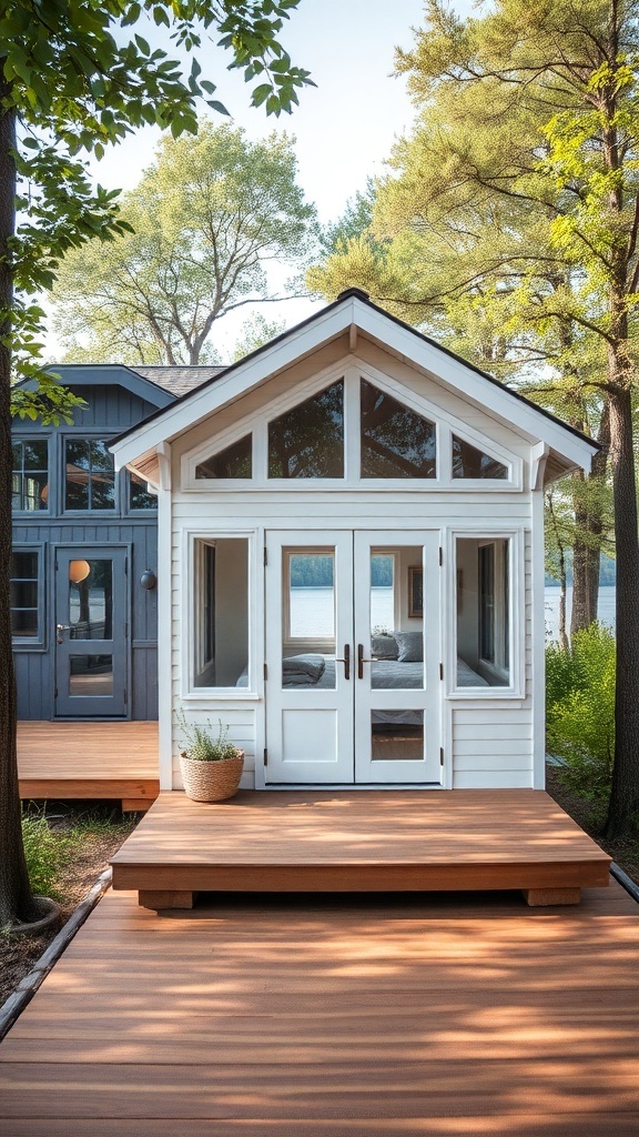 Ein modernes Tiny House am Wasser, umgeben von Bäumen und einer Holzterrasse.