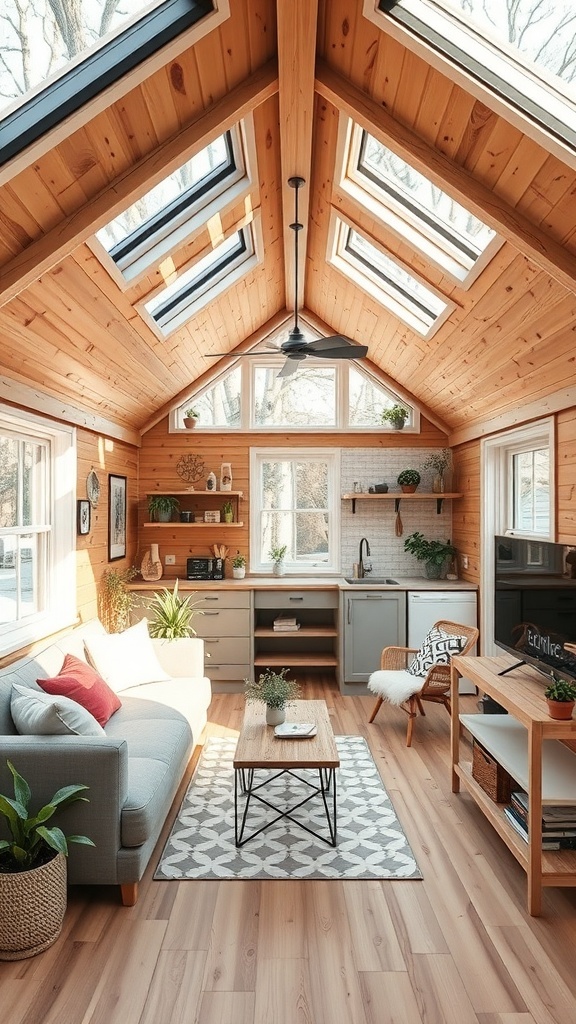 Gemütliches und modernes Tiny House Interieur mit Holzverkleidung und großen Fenstern