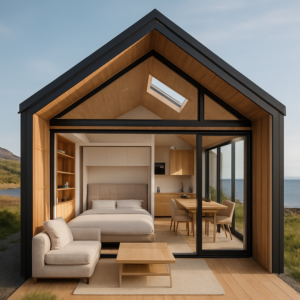 Ein modernes Tiny House im skandinavischen Stil mit großen Fenstern und Holzverkleidung, umgeben von Natur.