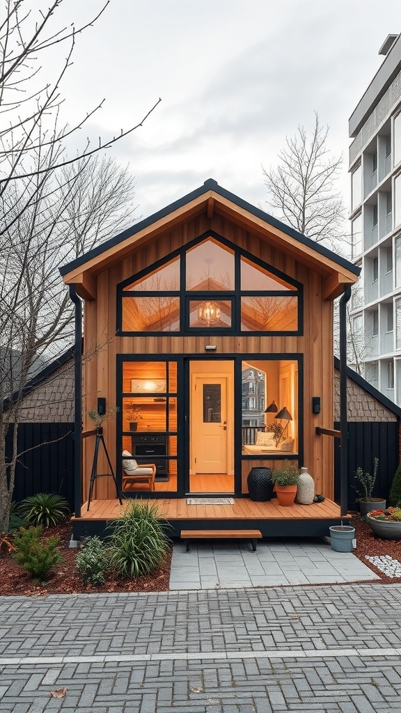 Ein modernes Tiny House mit Holzfassade und großen Fenstern in einer städtischen Umgebung.