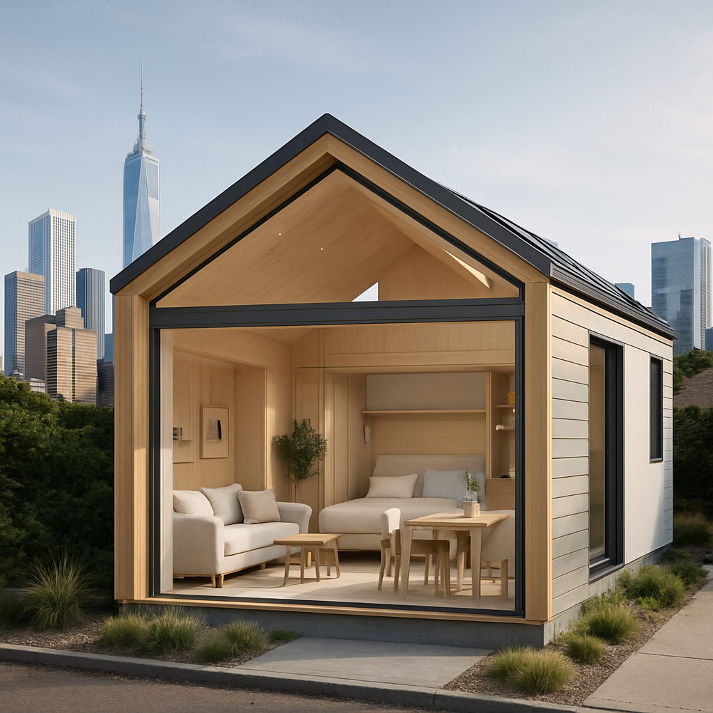 Modernes Tiny House in urbaner Umgebung mit Blick auf die Skyline