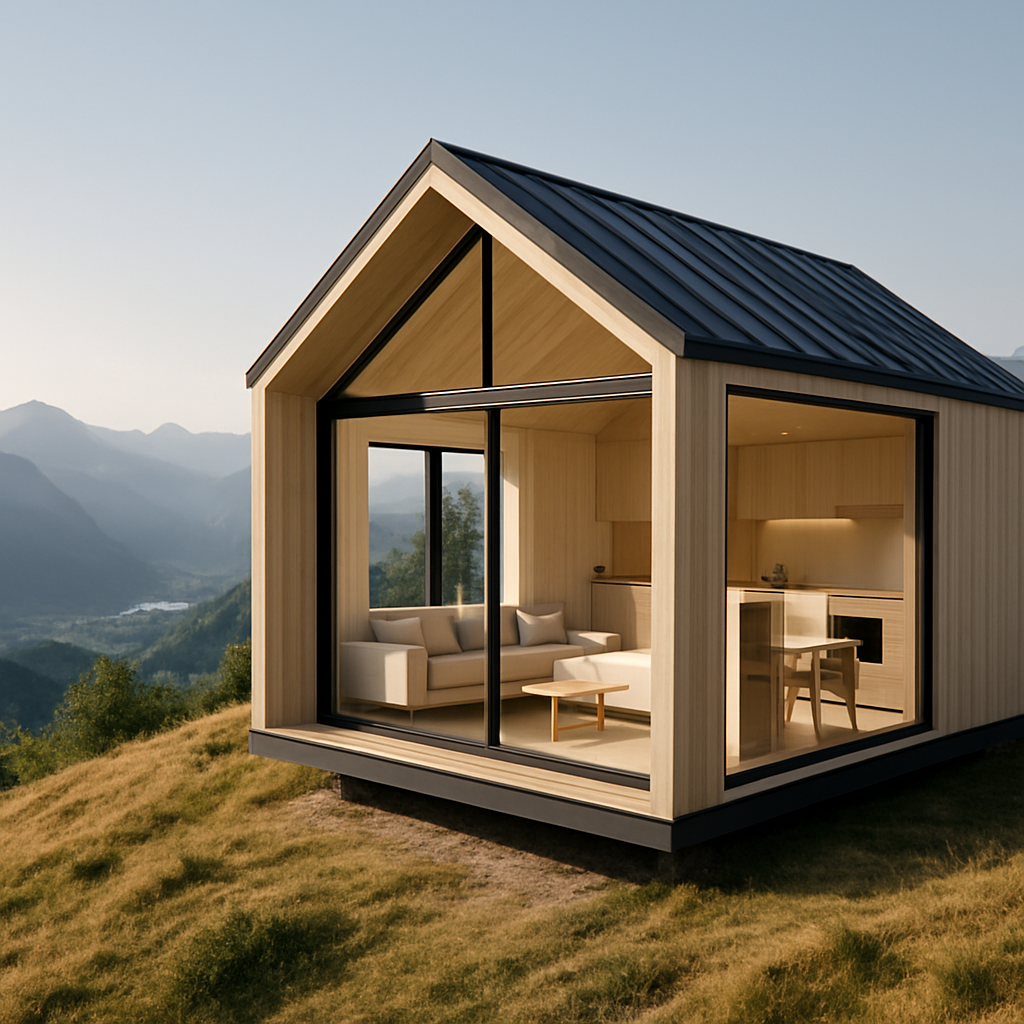Ein modernes Tiny House mit großen Fenstern und Blick auf die Berge