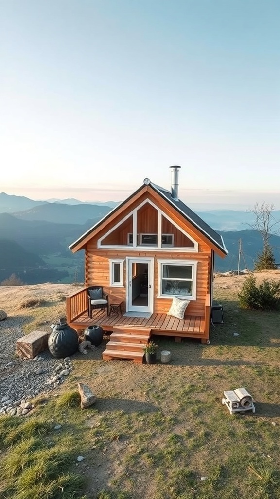 Tiny House auf einem Hügel mit Blick auf die Berge