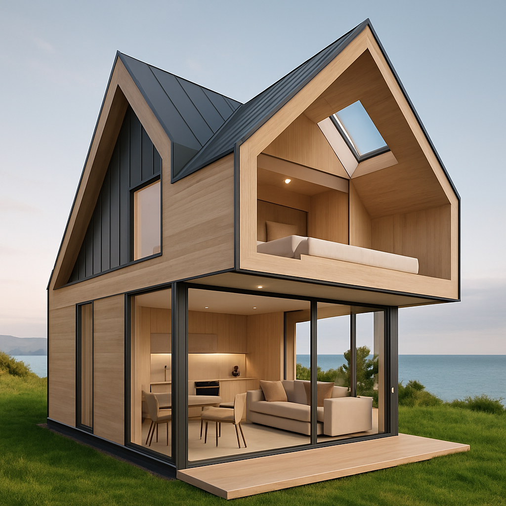 Ein modernes Tiny House mit Holzverkleidung und großen Fenstern, umgeben von einer grünen Wiese und Blick auf das Wasser.