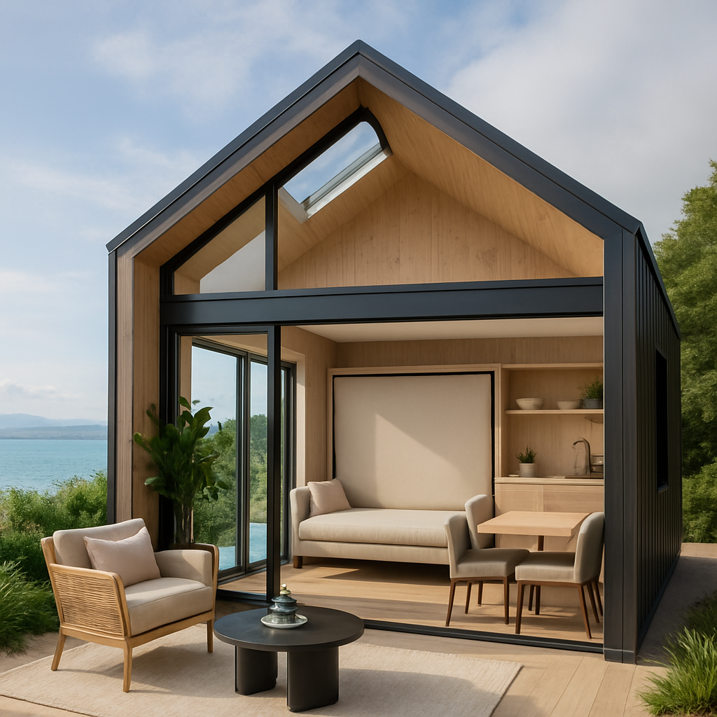 Modernes Tiny House mit großen Fenstern und Holzverkleidung, umgeben von Natur.