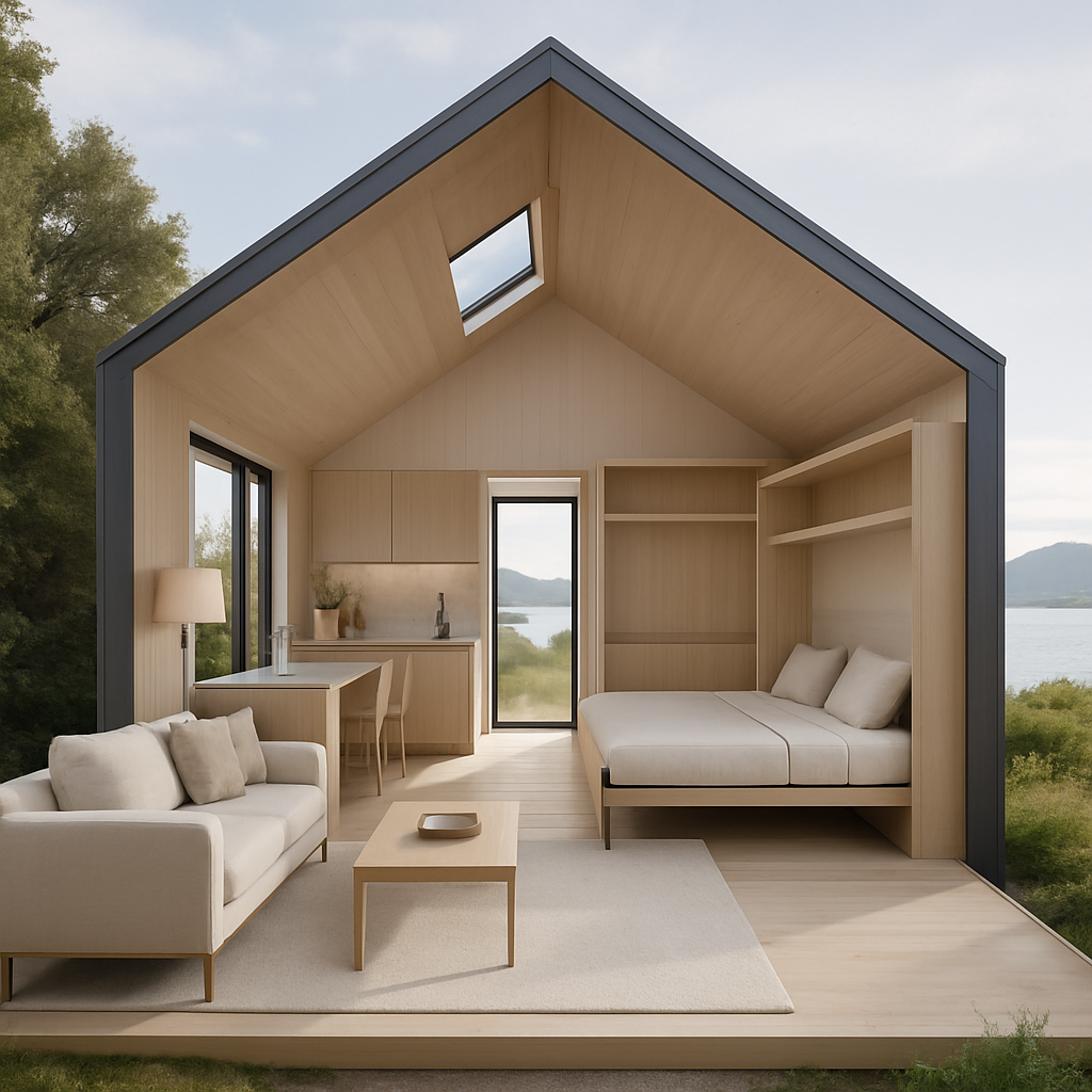 Ein modernes Tiny House mit hellen Holzoberflächen, großen Fenstern und einem offenen Wohnbereich.