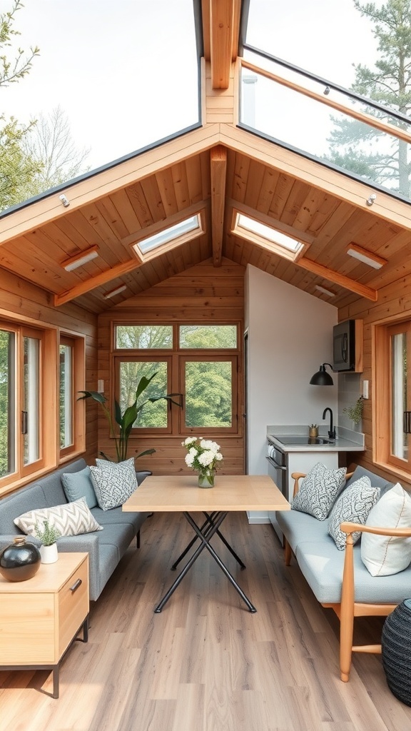 Innenansicht eines modernen Tiny Houses mit Holzverkleidung, großen Fenstern und minimalistischen Möbeln.