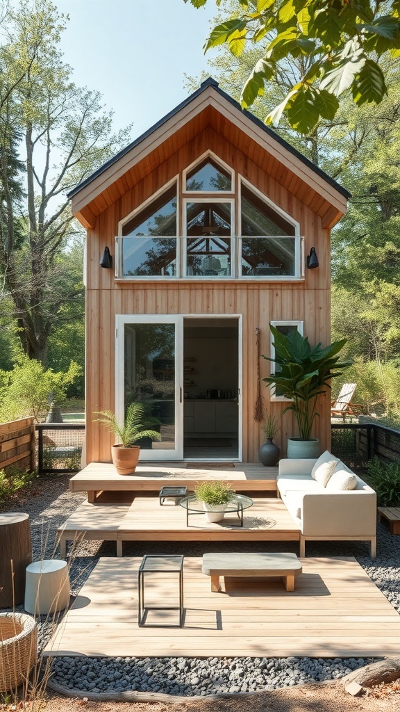 Ein modernes Tiny House mit großen Fenstern und einem gemütlichen Außenbereich, umgeben von Bäumen.