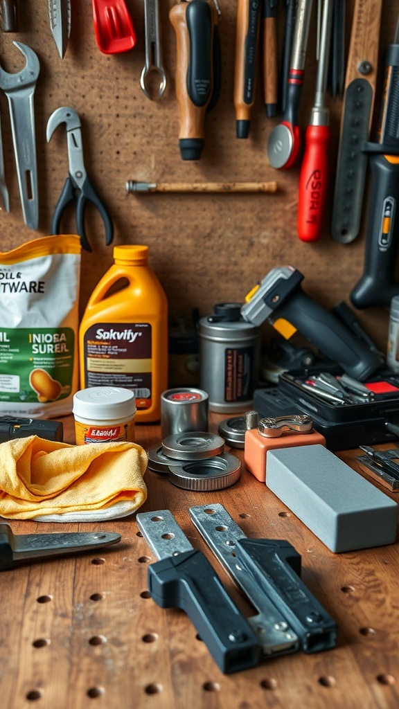A well-organized tool maintenance workspace with various tools and supplies.