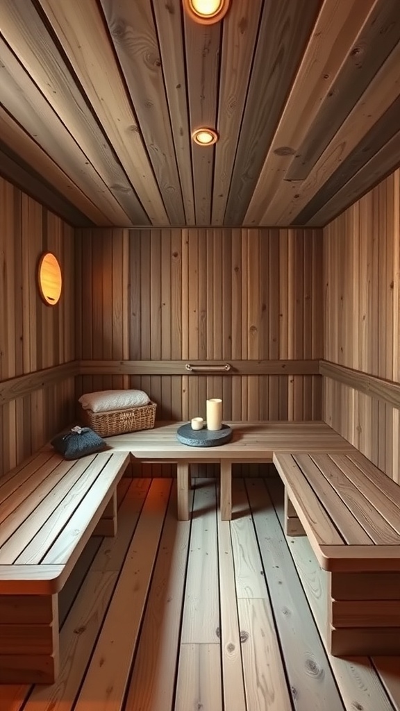 Interior of a traditional Finnish sauna with wooden walls, benches, and soft lighting.
