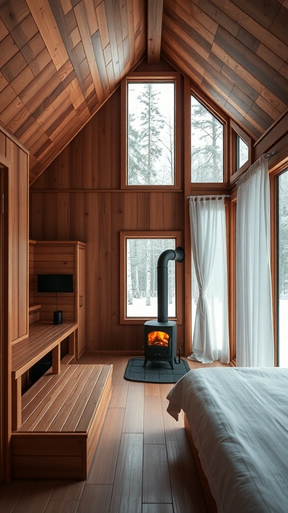 Cozy sauna bedroom with wooden walls, large windows, and a wood stove