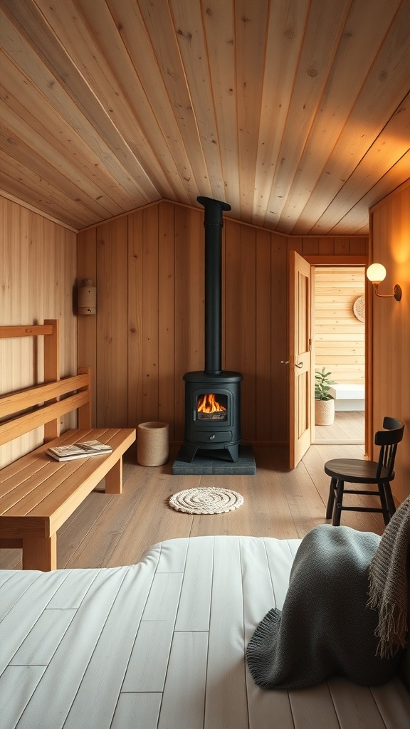 Interior of a traditional Finnish sauna with wooden walls and a cozy atmosphere.