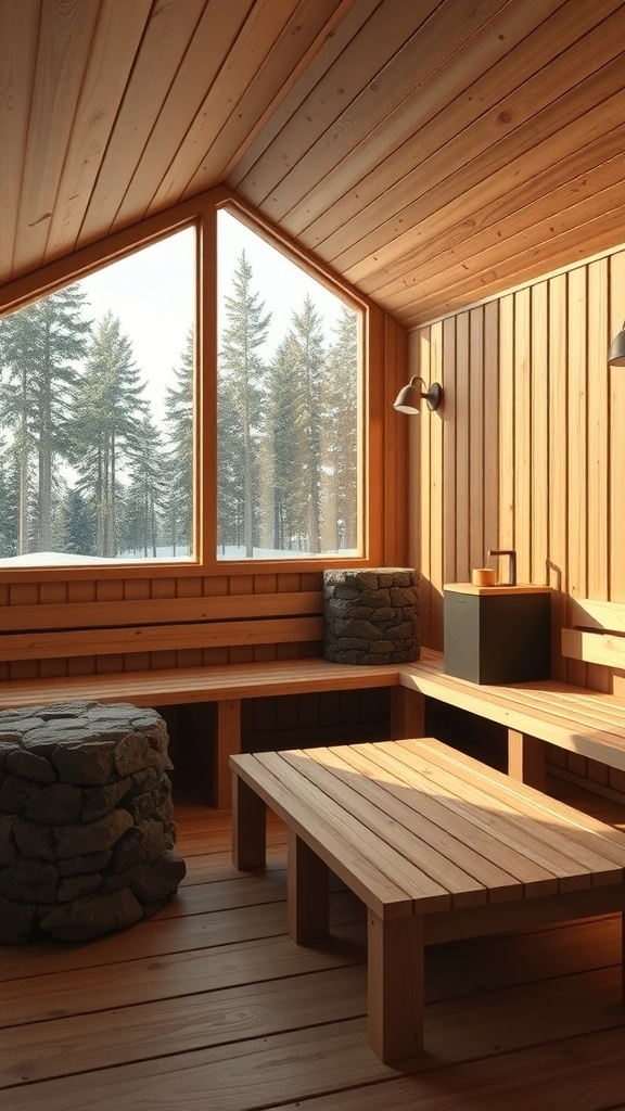 Interior of a traditional Finnish sauna with wooden benches and large windows overlooking a snowy landscape.