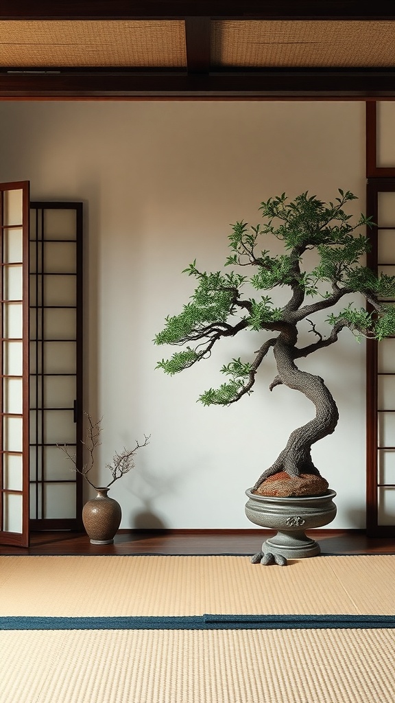 A traditional Japanese alcove featuring a bonsai tree and a simple vase with a branch.