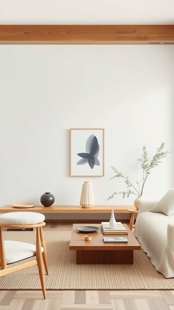 A minimalist Japandi style living room featuring wooden furniture, simple decor, and a light color palette.