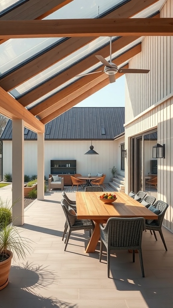 Moderne Terrasse eines Bauernhauses mit Holz- und Glaselementen, großem Tisch und Pflanzen.