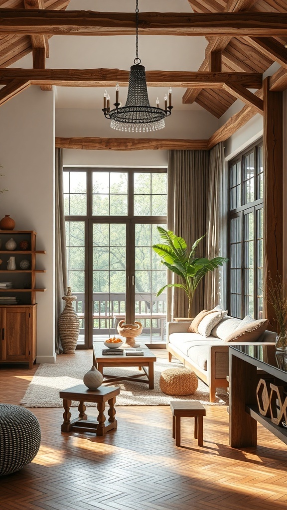 Ein stilvoller Wohnraum mit Holzbalken, modernen Möbeln und Pflanzen.