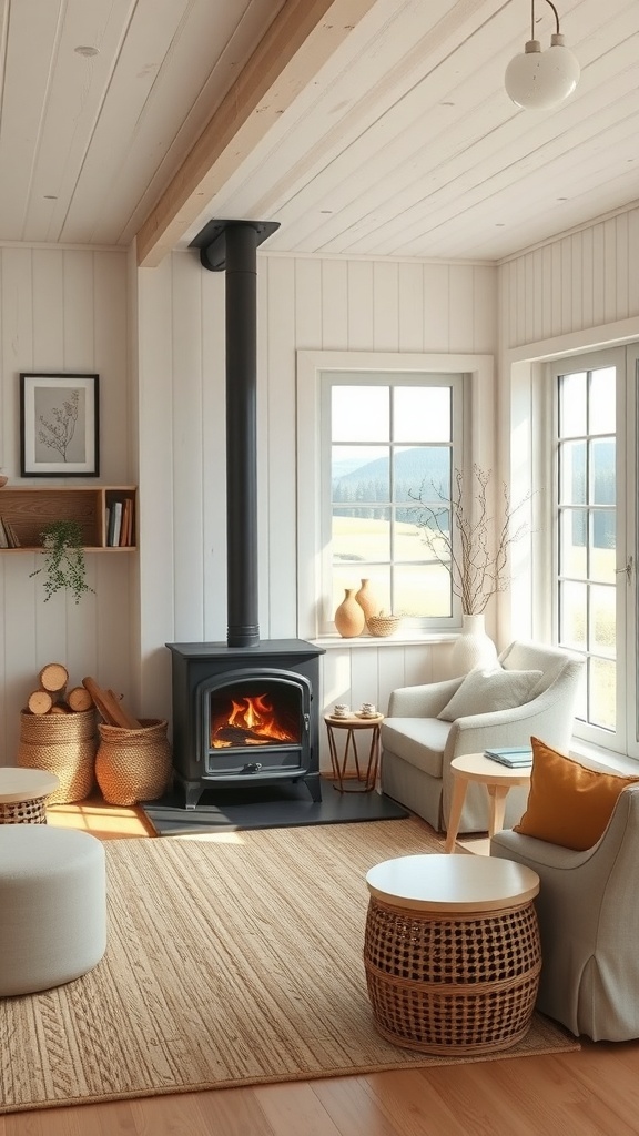 Ein traditioneller Kaminofen in einem modernen Wohnzimmer im Bauernhausstil.
