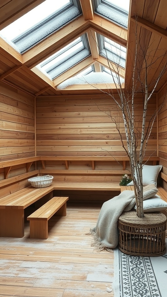 Moderne russische Banja mit Holzverkleidung und natürlichem Licht