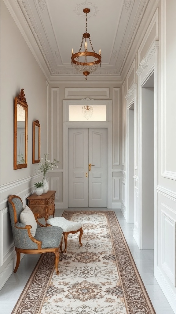 Traditioneller Flur mit klassischem Design, hellen Wänden, Kronleuchter, Sessel und Teppich.