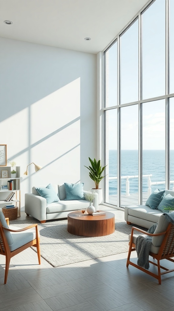 A modern living room with large windows overlooking the ocean, featuring soft blue and green decor.