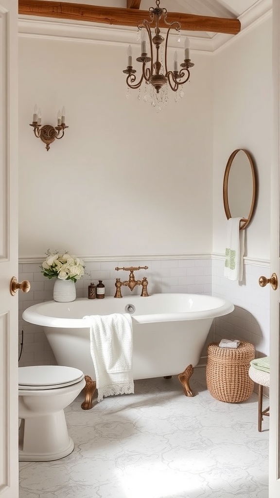 A tranquil bathroom featuring a clawfoot tub, vintage chandelier, and soft neutral tones.