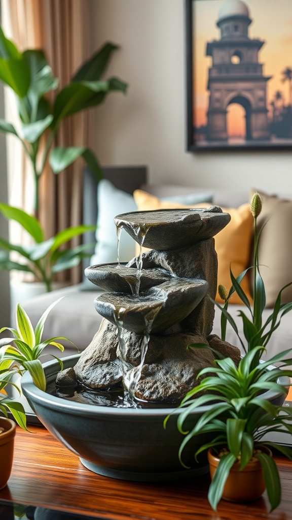 A tranquil tabletop waterfall fountain surrounded by indoor plants, with a warm-toned artwork in the background.