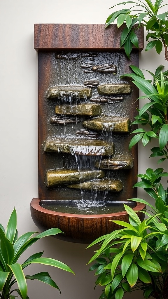 A wall-mounted waterfall with cascading water over stones, surrounded by green plants.