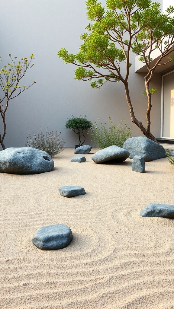 A tranquil Zen garden featuring smooth stones, raked sand, and lush greenery.