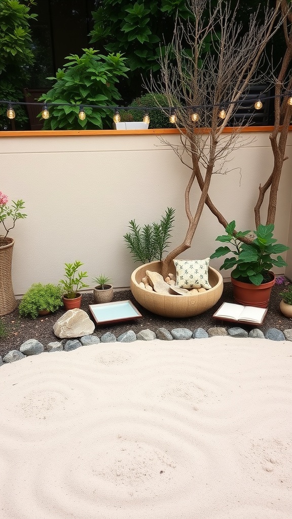 A serene Zen garden featuring sand, stones, and plants, with cozy seating and soft lighting.