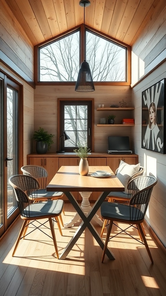 Ein moderner Essbereich in einem Tiny House mit einem Tisch, Stühlen und großen Fenstern.