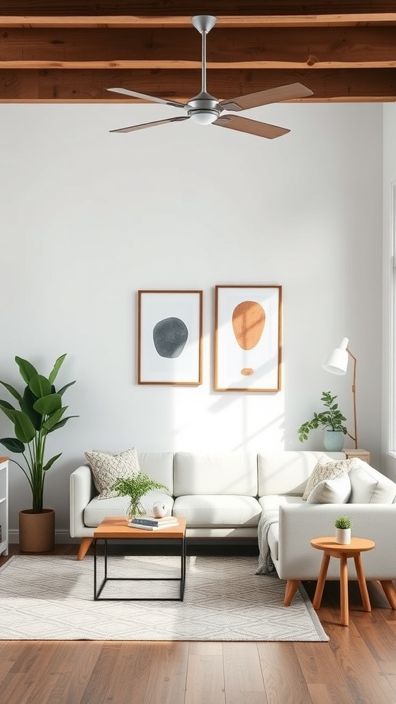 A stylish small living room with a light sofa, wooden ceiling beams, and decorative plants.