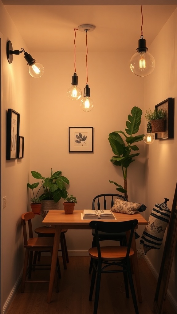A cozy dining area with pendant lights and wall sconces, featuring plants and a wooden table.