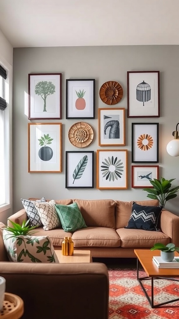A stylish living room wall with various framed art pieces, including quotes and graphics, above a cozy couch.