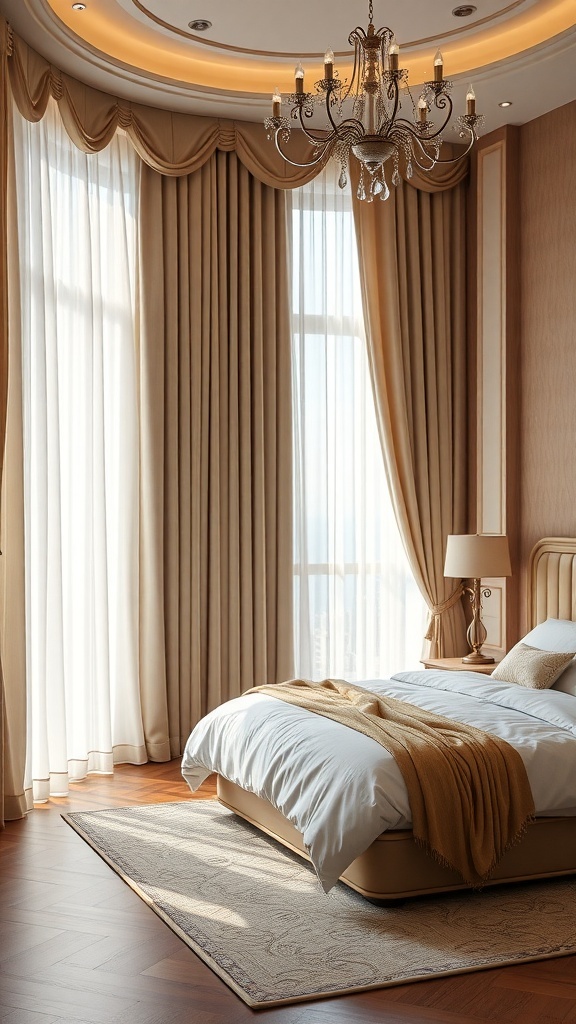 A stylish bedroom featuring elegant window treatments with soft curtains and a chandelier.