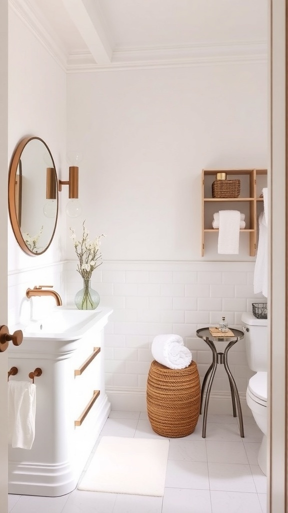 A stylish bathroom with a modern vanity, warm-toned fixtures, and decorative storage.