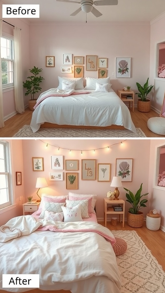 Before and after images of a teen girl's bedroom makeover.