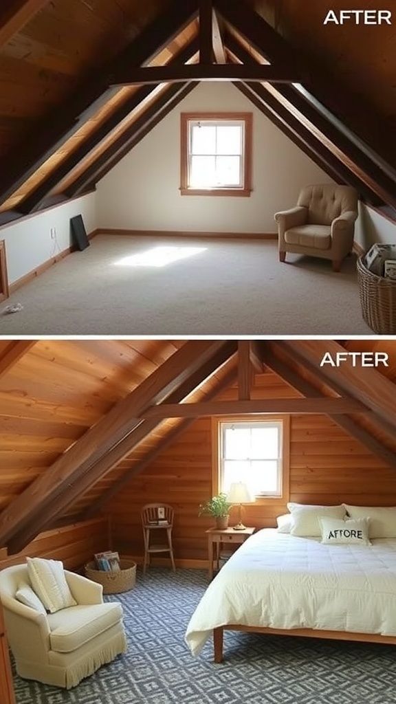 Before and after images of an attic transformation.