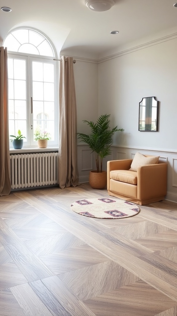 Cozy room with light wood flooring, a chair, and a decorative rug