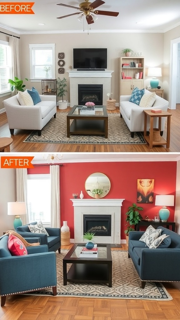 Before and after image of a living room makeover showcasing bold colors and improved decor.