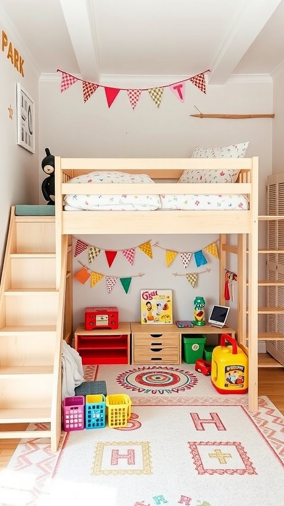 A cozy loft bed with a play area underneath, featuring colorful decorations and toys.