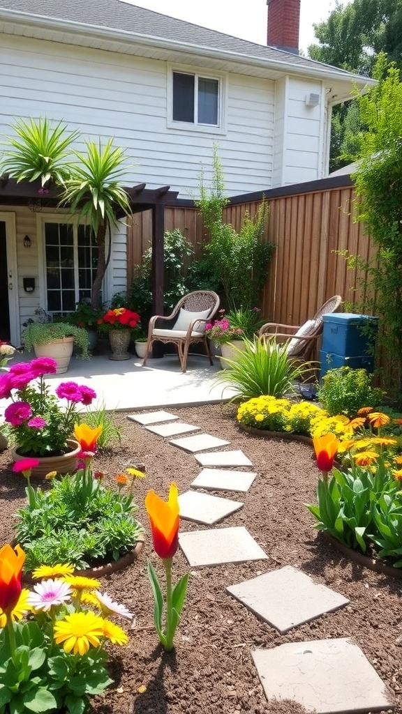 A cozy outdoor patio with colorful flowers, a comfortable sofa, and soft lighting.