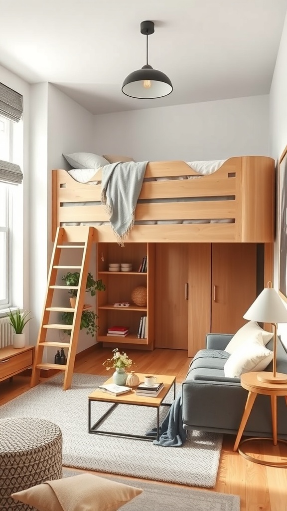 A cozy room featuring a loft bed, a couch, and a coffee table, showcasing space-saving design.